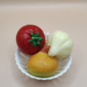 Vintage Small Tomato, Garlic And Onion 2" Vegetable Candles in Small White Dish